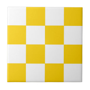 Yellow White Checkered Check Pattern Ceramic Tile