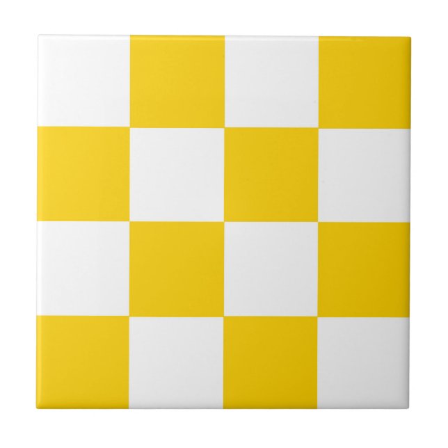 Yellow White Checkered Check Pattern Ceramic Tile (Front)
