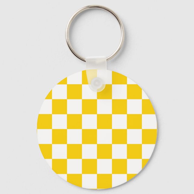 Yellow White Checkered Check Pattern Keychain (Front)