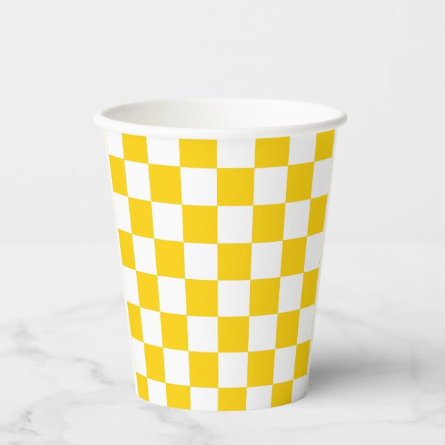Yellow White Checkered Check Pattern Paper Cups (Front)