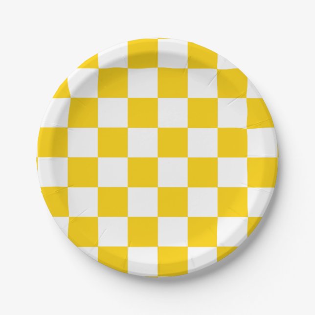 Yellow White Checkered Check Pattern Paper Plates (Front)