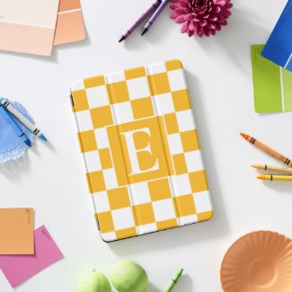 Yellow White Checkered Monogram Initial  iPad Pro Cover