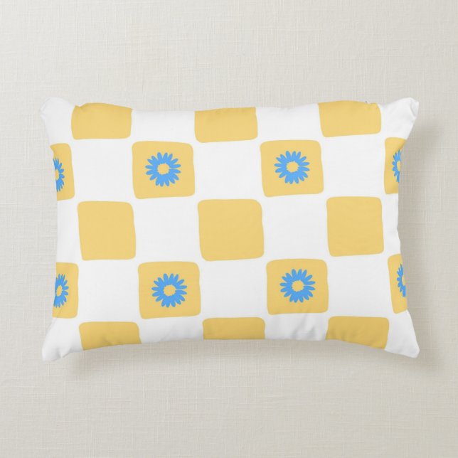Yellow White Checkered With Blue Flower Pattern Accent Pillow (Front)