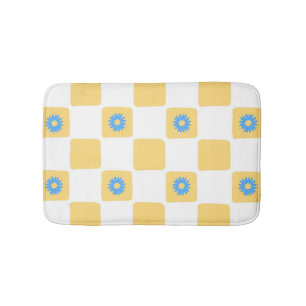 Yellow White Checkered With Blue Flower Pattern Bath Mat