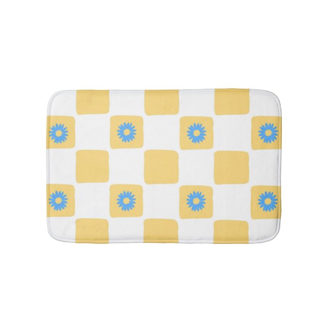 Yellow White Checkered With Blue Flower Pattern Bath Mat (Front)