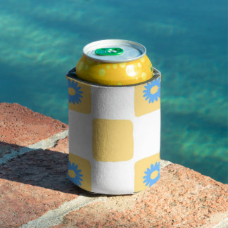 Yellow White Checkered With Blue Flower Pattern Can Cooler