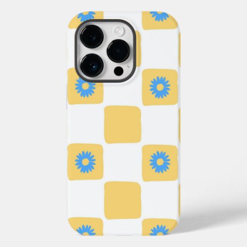 Yellow White Checkered With Blue Flower Pattern Case_Mate iPhone 14 Pro Case