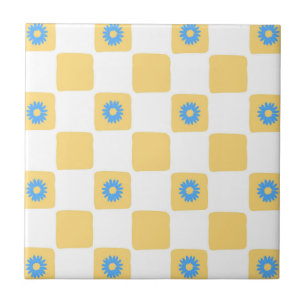 Yellow White Checkered With Blue Flower Pattern Ceramic Tile