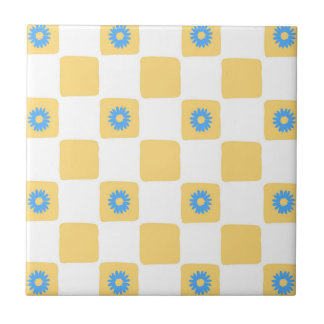 Yellow White Checkered With Blue Flower Pattern Ceramic Tile