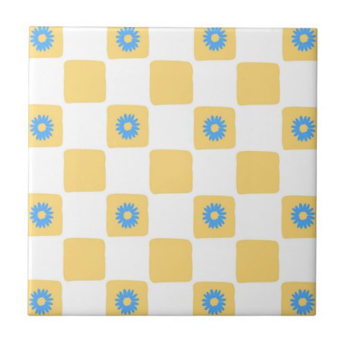 Yellow White Checkered With Blue Flower Pattern Ceramic Tile