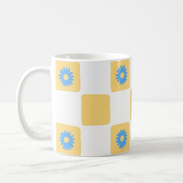Yellow White Checkered With Blue Flower Pattern Coffee Mug (Left)