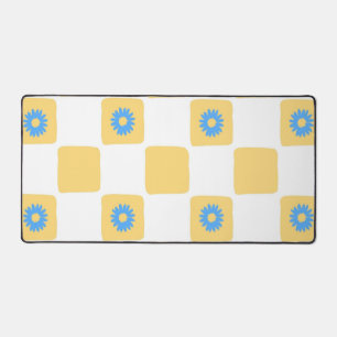 Yellow White Checkered With Blue Flower Pattern Desk Mat