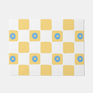 Yellow White Checkered With Blue Flower Pattern Doormat