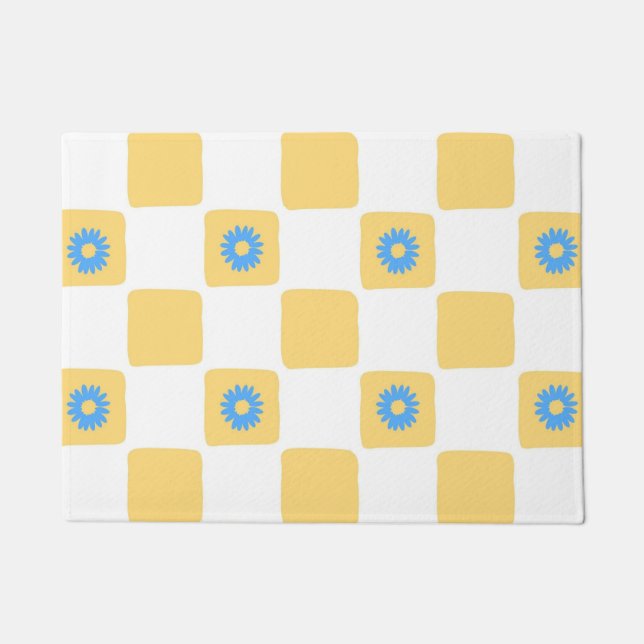 Yellow White Checkered With Blue Flower Pattern Doormat (Front)