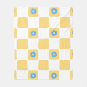 Yellow White Checkered With Blue Flower Pattern Fleece Blanket