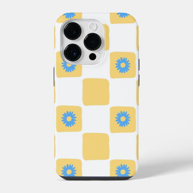 Yellow White Checkered With Blue Flower Pattern Iphone Case (Back)