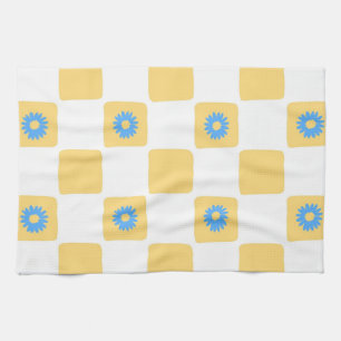 Yellow White Checkered With Blue Flower Pattern Kitchen Towel