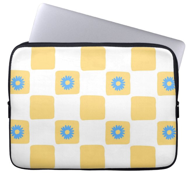 Yellow White Checkered With Blue Flower Pattern Laptop Sleeve (Front)