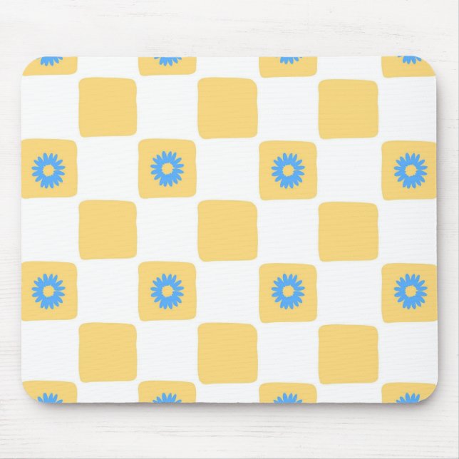 Yellow White Checkered With Blue Flower Pattern Mouse Pad (Front)