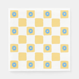 Yellow White Checkered With Blue Flower Pattern Napkins
