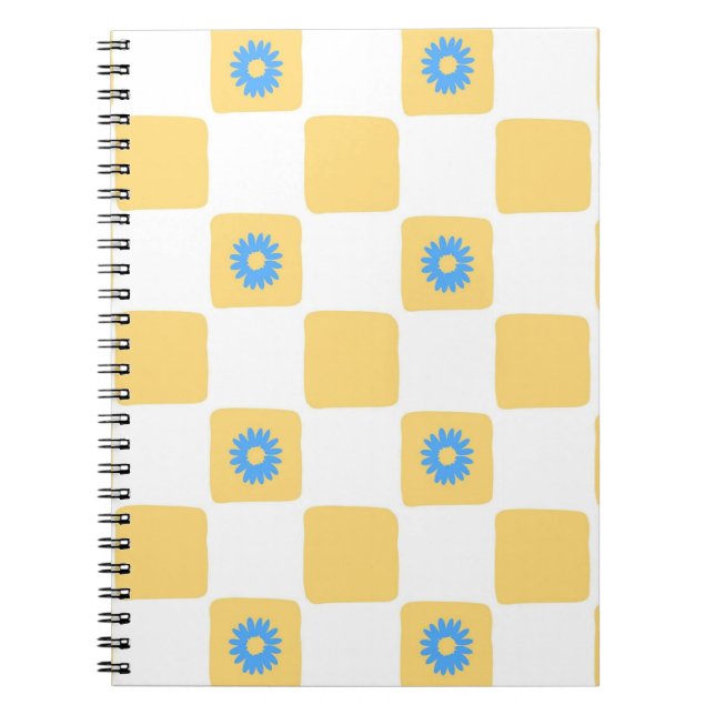 Yellow White Checkered With Blue Flower Pattern Notebook (Front)