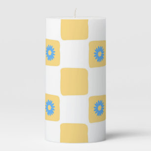 Yellow White Checkered With Blue Flower Pattern Pillar Candle