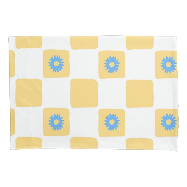 Yellow White Checkered With Blue Flower Pattern Pillow Case (Front)