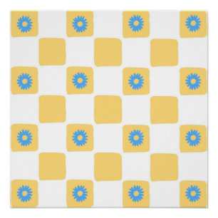 Yellow White Checkered With Blue Flower Pattern Poster