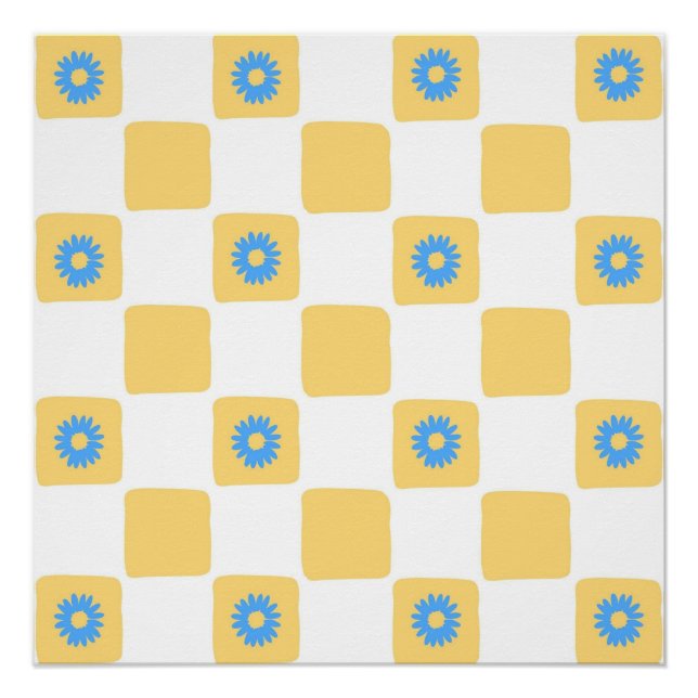 Yellow White Checkered With Blue Flower Pattern Poster (Front)