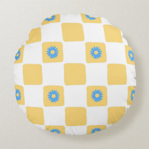 Yellow White Checkered With Blue Flower Pattern Round Pillow