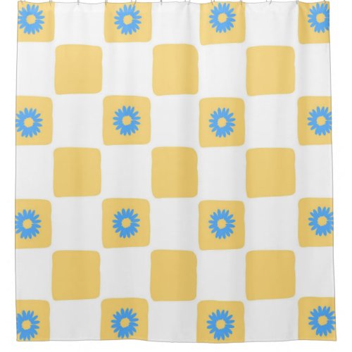 Yellow White Checkered With Blue Flower Pattern Shower Curtain