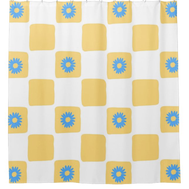 Yellow White Checkered With Blue Flower Pattern Shower Curtain (Front)