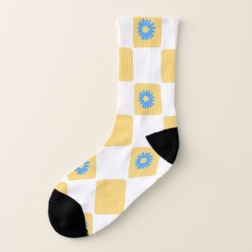 Yellow White Checkered With Blue Flower Pattern Socks