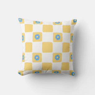 Yellow White Checkered With Blue Flower Pattern Throw Pillow