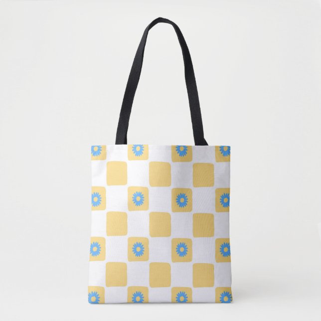 Yellow White Checkered With Blue Flower Pattern Tote Bag (Front)