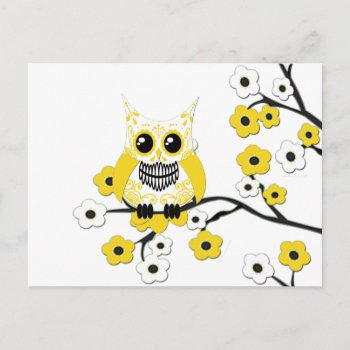Yellow White Cherry Blossom Owl Postcard by CuteLittleTreasures at Zazzle