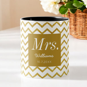 Yellow White Chevron Chic Mrs Wedding Two-Tone Coffee Mug