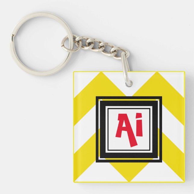 Yellow & White Chevron Custom Red Monogram Keychain (Front)