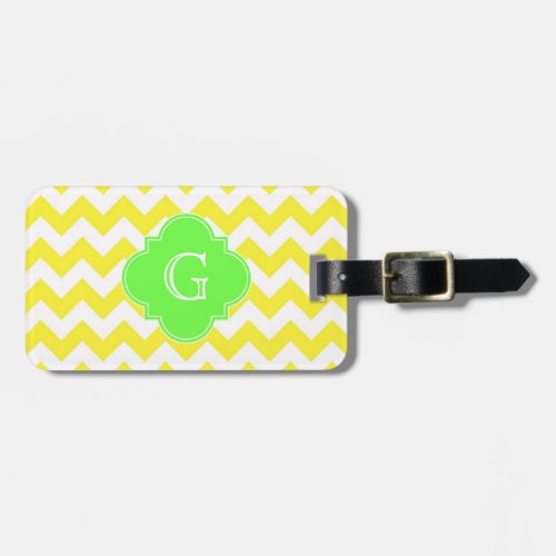 Yellow White Chevron Lime Quatrefoil Monogram Luggage Tag