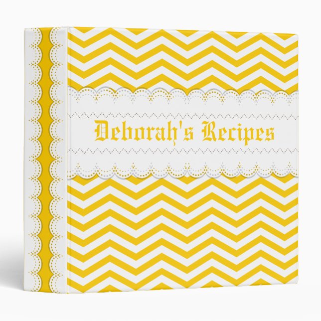 Yellow, white chevron & scalloped borders recipe 3 ring binder (Front/Spine)