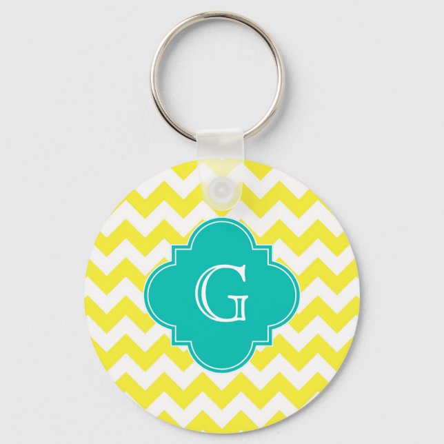 Yellow White Chevron Teal Quatrefoil Monogram Keychain (Front)