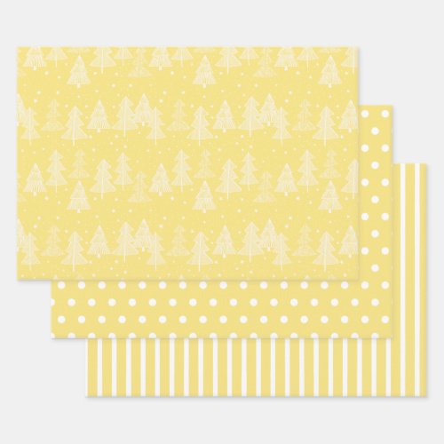 Yellow White Christmas Trees Polka Dots Stripe Wrapping Paper Sheets