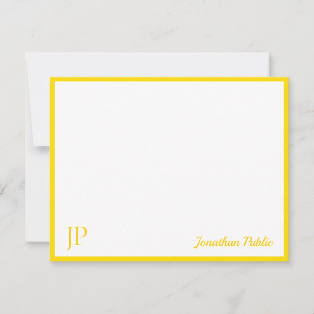 Yellow White Classic Handwritten Script Monogram Note Card (Front)