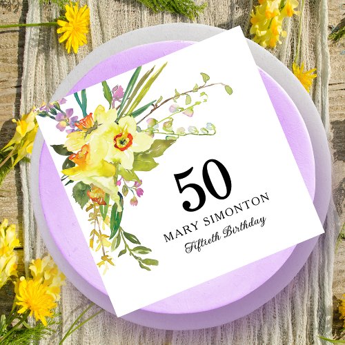 Yellow White Daffodil 50th Birthday Party Napkins