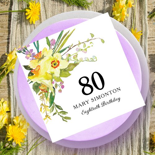 Yellow White Daffodil 80th Birthday Party Napkins