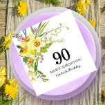 Yellow White Daffodil 90th Birthday Party Napkins<br><div class="desc">Very pretty yellow floral paper napkins for a 90th birthday party. Daffodils and small purple and white flowers are nestled in Boho greenery to create a beautiful spring bouquet. 90 is written in large text with the birthday celebrant's name below and then One Hundredth Birthday. All of the text can...</div>