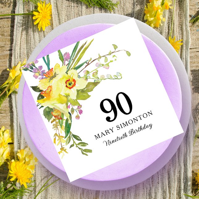 Yellow White Daffodil 90th Birthday Party Napkins (Creator Uploaded)