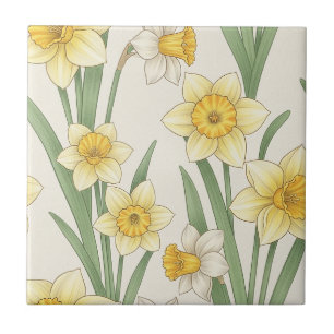 Yellow White Daffodil Botanical Floral Ceramic Tile