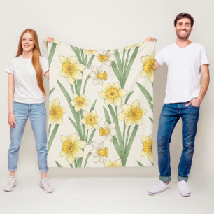 Yellow White Daffodil Botanical Floral Fleece Blanket