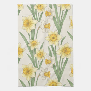 Yellow White Daffodil Botanical Floral Kitchen Towel